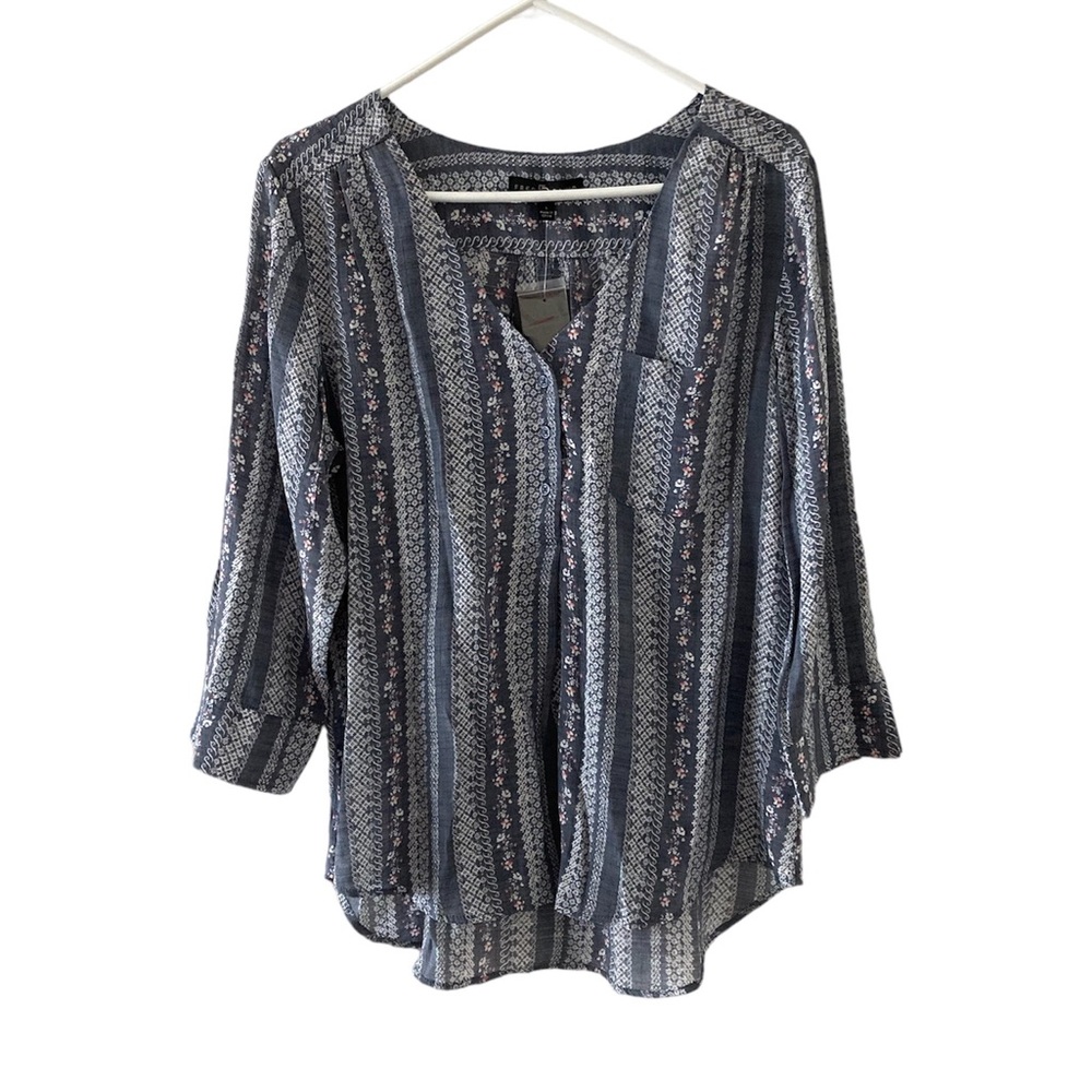 Fred David Blouse Womens Size L Floral Paisley 3/4 Sleeve Gray Boho NWT
